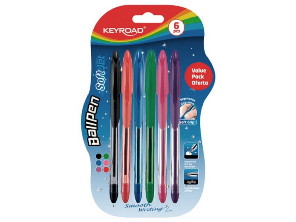 Guľôčkové pero KEYROAD Soft Jet 0,7 mm, blister 6 ks, mix farieb