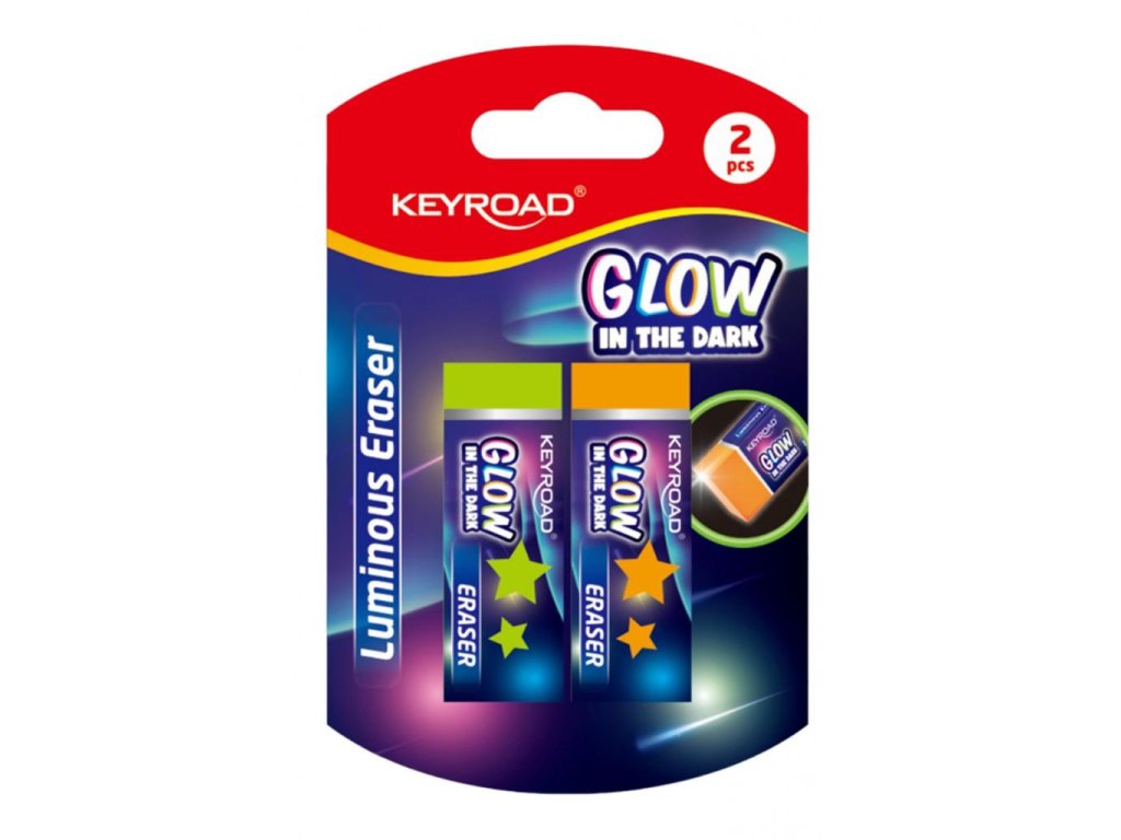 Guma KEYROAD fluorescenčná, svietiaca v tme, mix farieb, blister 2 ks, mix farieb