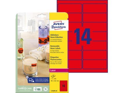 Etikety Avery odnímateľné 99,1x38,1 mm neónové červené