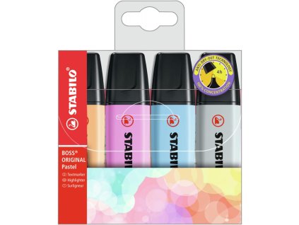 Sada zvýrazňovačov STABILO BOSS ORIGINAL Pastel 4S Pastelová oranžová, svieža modrá, fuchsiová, sivá