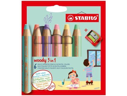 Farbičky STABILO woody 3 in 1 Pastel 6 ks Sasa v kartónovom obale so strúhadlom