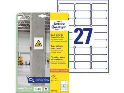 Etikety univerzálne 63,5x29,6mm Avery A4, silne lepivé 20 hárkov