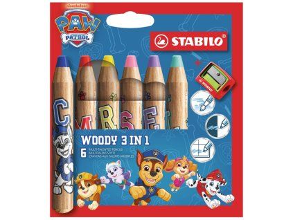 Farbičky STABILO woody 3 in 1 Paw Patrol so strúhadlom 6 ks