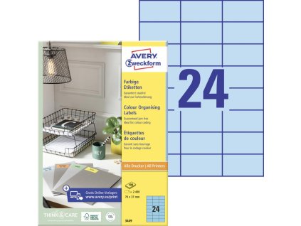 Etikety farebné 70x37mm Avery A4 100 hárkov modré