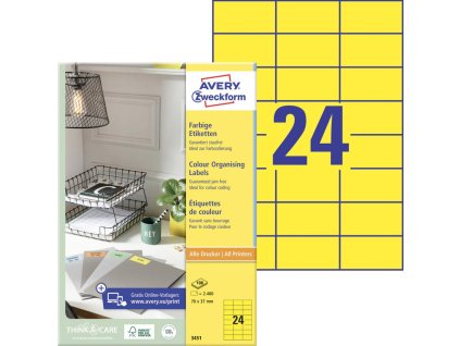 Etikety farebné 70x37mm Avery A4 100 hárkov žlté