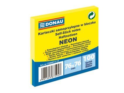 Bloček Donau 76 x 76 mm, neónová žltá, 100 lístkov